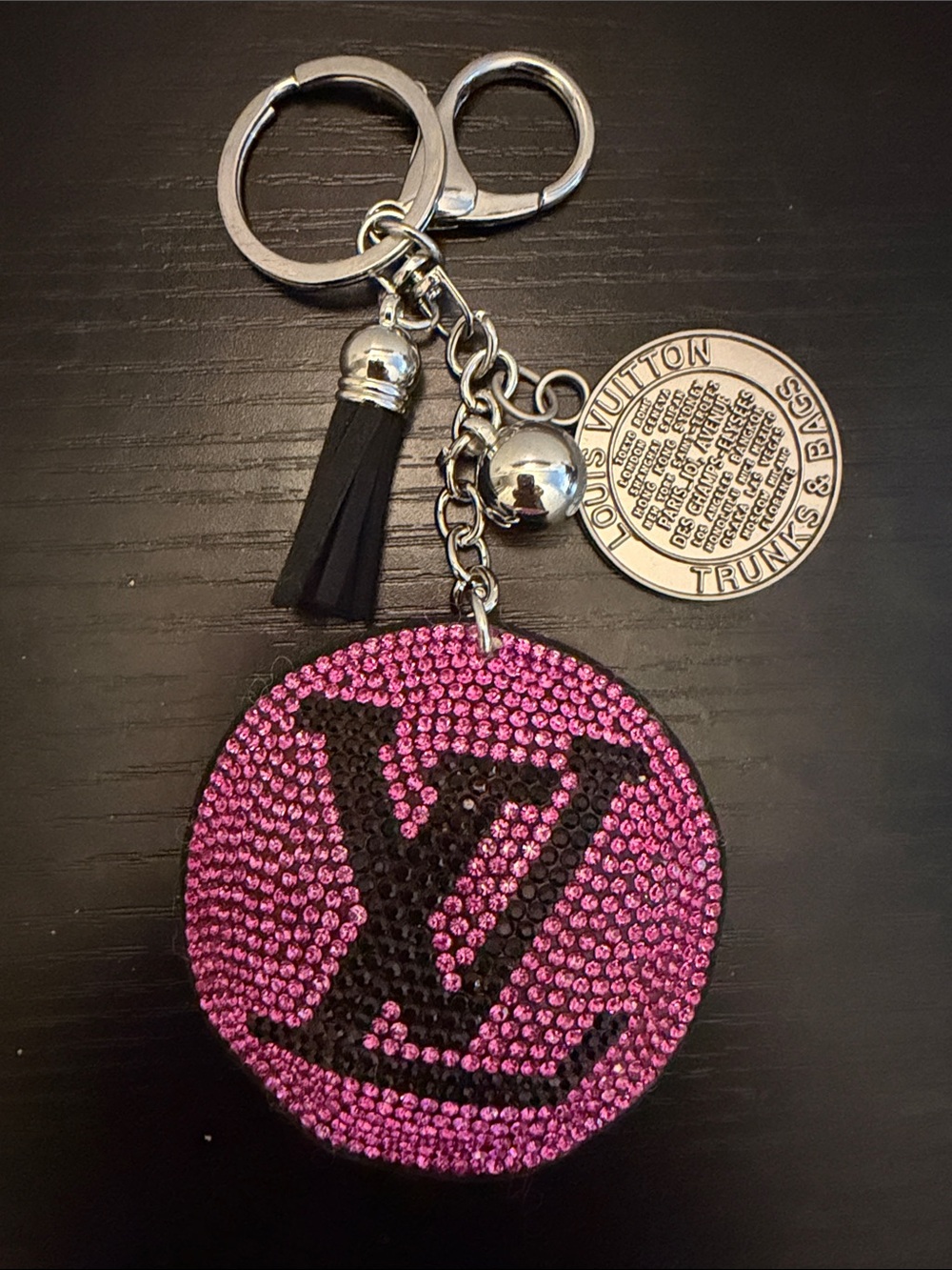 Inspired Pink Crystal Round Key Charm with Black Tassel